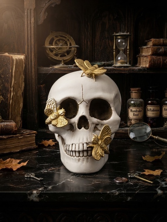 Other - Decorative White Skull Accent with Gold Butterflies - Home Accents